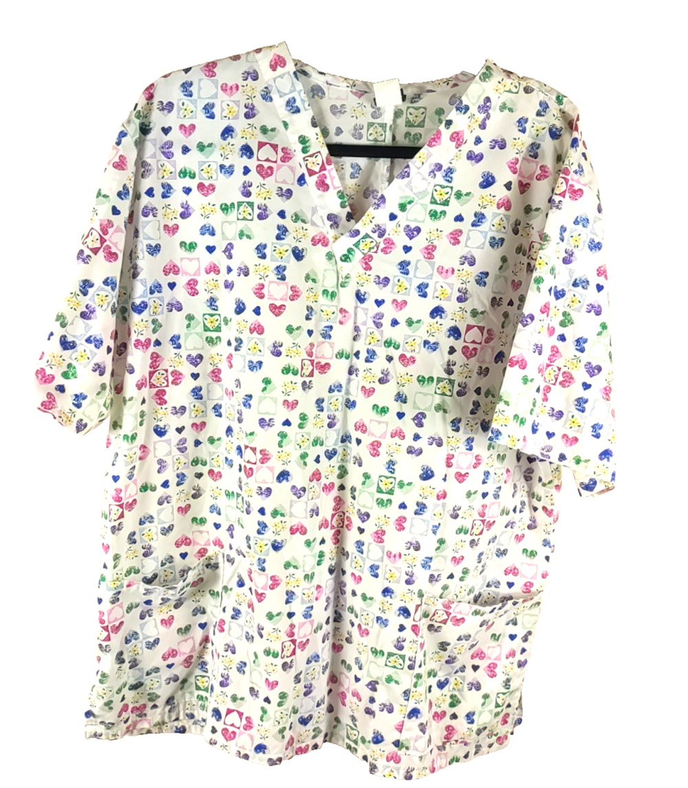 Barco Women's Scrub Top Size X Large White Hearts Vintage Cotton Blend